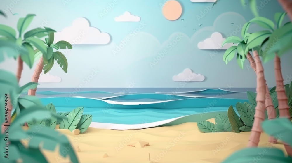 A vibrant, tropical beach scene with palm trees, ocean waves, and blue sky with clouds.