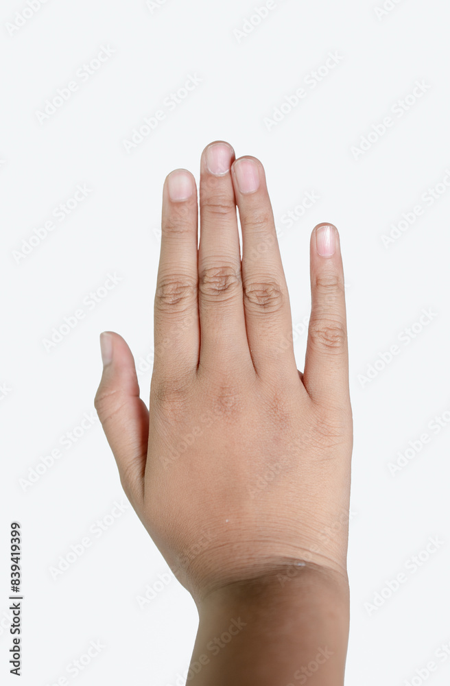  hand counting five fingers isolated on white background with clipping path.