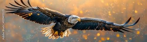 An eagle soars through the sky, its wings outstretched and its feathers glistening in the sun