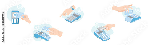 Contactless Payment with Hand Paying with Plastic Card and Wrist Watch Vector Set