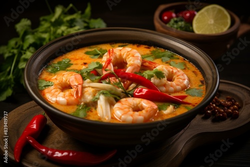 Aromatic Tom yam soup bowl. Shrimp food dish spicy chili. Generate Ai