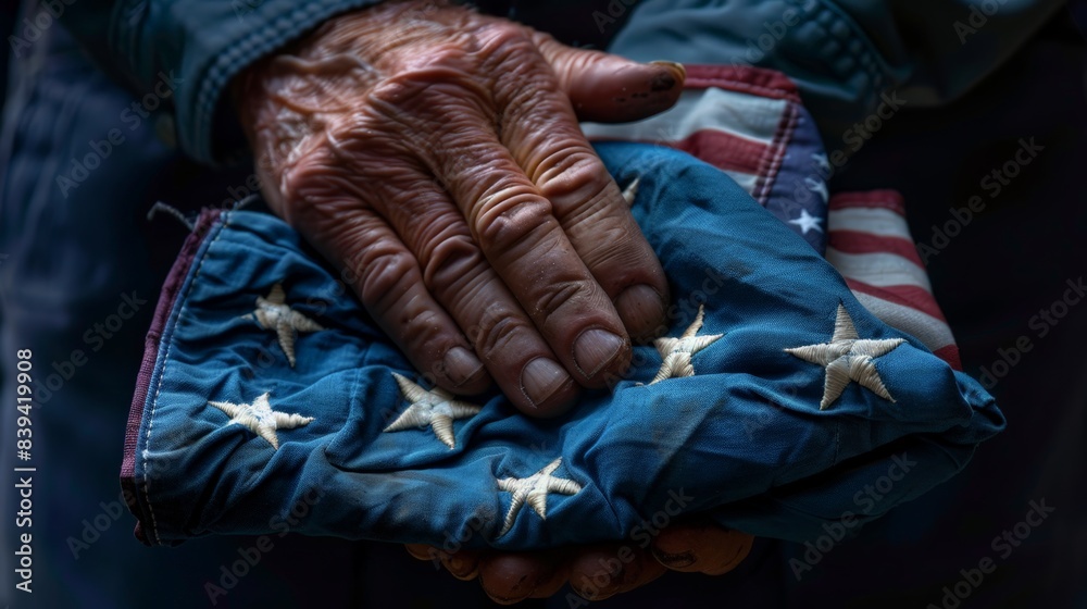 Obraz premium veteran's hand holding a folded American flag, representing the respect and reverence for those who have served and sacrificed for their country. 