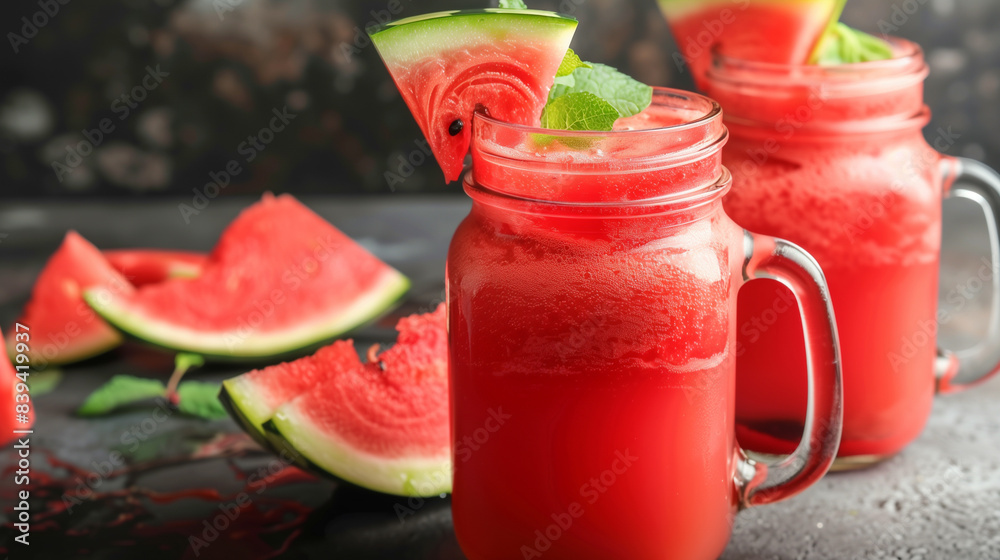 Two glasses of watermelon juice with a slice of watermelon on top Two glasses of watermelon juice with a slice of watermelon on top