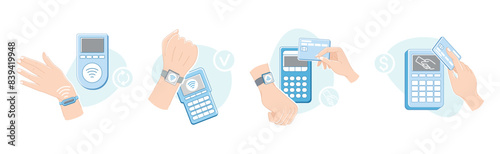 Contactless Payment with Hand Paying with Plastic Card and Wrist Watch Vector Set