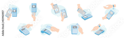 Contactless Payment with Hand Paying with Smartphone, Plastic Card and Wrist Watch Vector Set