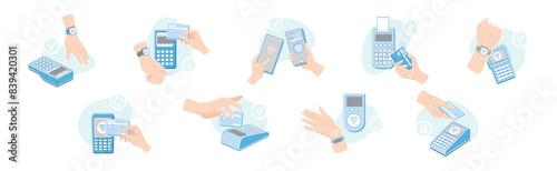 Contactless Payment with Hand Paying with Smartphone, Plastic Card and Wrist Watch Vector Set