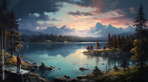 A series of paintings that depict the lake at different times of the day. photo