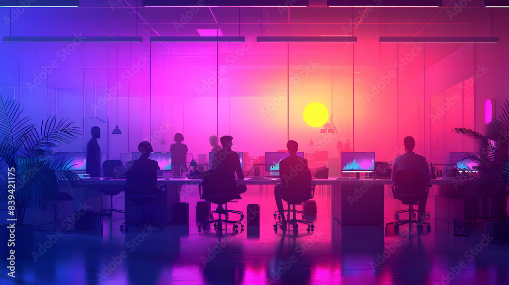 2D minimal vector: Team collaborating in modern office with digital ...