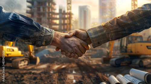 Professional Handshake at a Construction Site Between Subcontractor and Builder