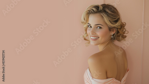 Caucasian smiling woman in strapless dress, stylish beauty fashion model
