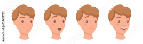 Man Head Showing Face Expression and Emotion Front Vector Set