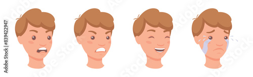 Man Head Showing Face Expression and Emotion Front Vector Set
