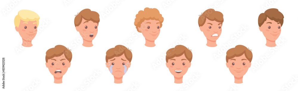 Man Head Showing Face Expression and Emotion Front Vector Set Man Head Showing Face Expression and Emotion Front Vector Set
