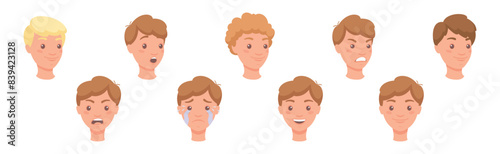 Man Head Showing Face Expression and Emotion Front Vector Set
