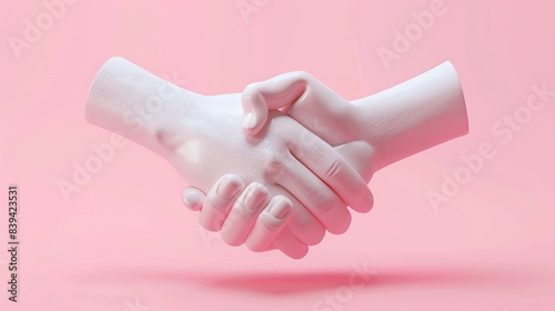 3D clay handshake symbol, direct front, cheerful palette, isolated on soft pink photo