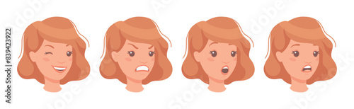 Woman Head Showing Face Expression and Emotion Vector Set
