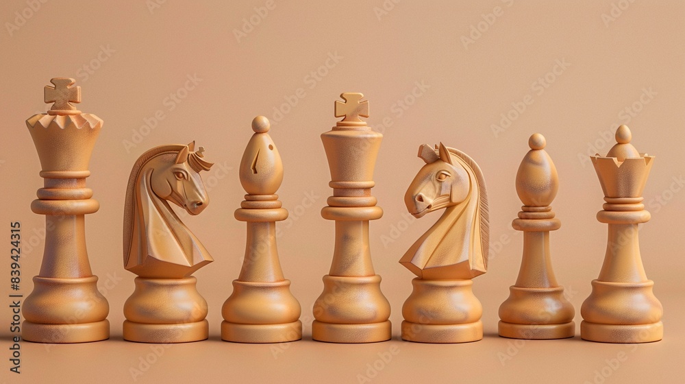 Clay style chess pieces, straight angle, rich tones, solid beige backdrop