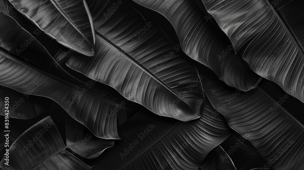 Black abstract background, large banana leaves texture in the style of unknown artist Black abstract background, large banana leaves texture in the style of unknown artist