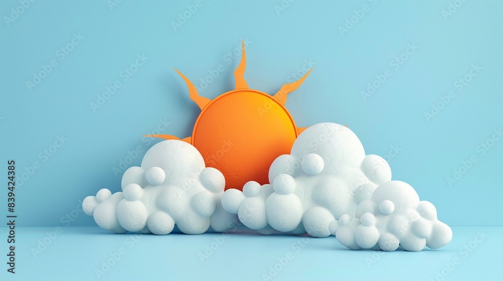 3D clay sun and clouds, direct angle, bright palette, isolated on light blue 3D clay sun and clouds, direct angle, bright palette, isolated on light blue