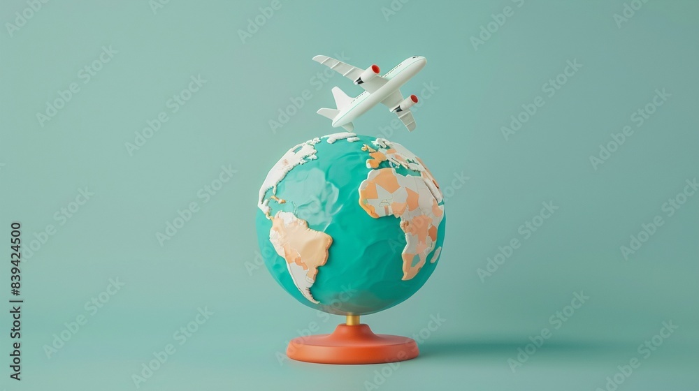 Naklejka premium 3D clay globe with airplane circling, frontal view, adventure colors, isolated on mint green