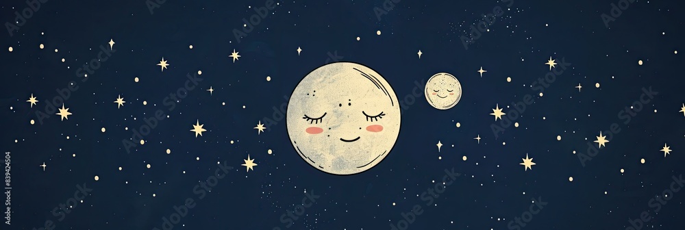 Minimalist, cute moons with sleepy faces and stars around them, on a dark blue background Minimalist, cute moons with sleepy faces and stars around them, on a dark blue background