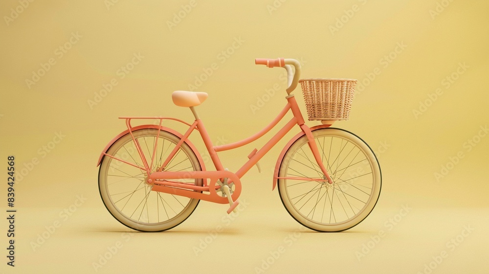 Clay bicycle with basket, direct front, leisure colors, against a pale yellow background
