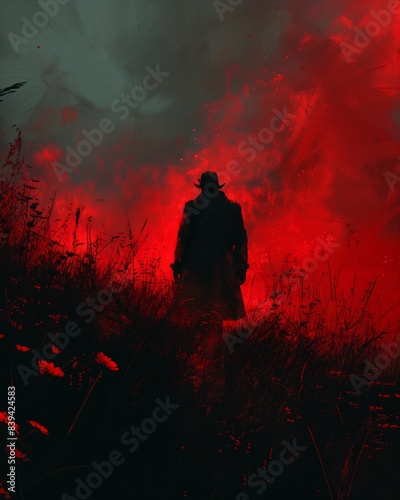 man standing field red sky western paint pour smoke assassin scratches hat promotional dutch canvas coated