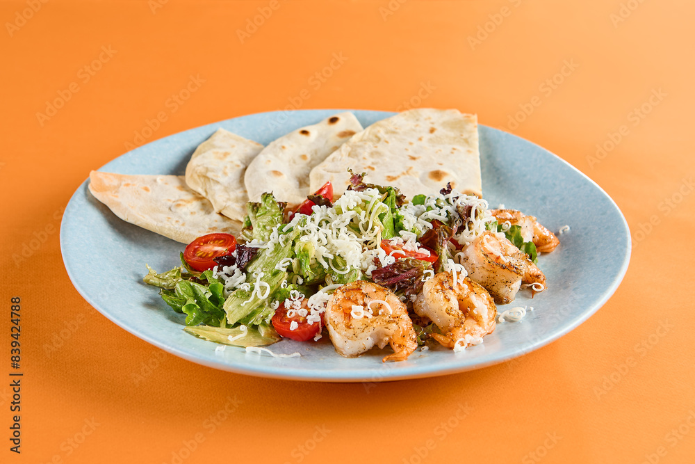 Shrimp Caesar Salad with Parmesan and Tortilla - Fresh and Savory Fusion Dish Shrimp Caesar Salad with Parmesan and Tortilla - Fresh and Savory Fusion Dish