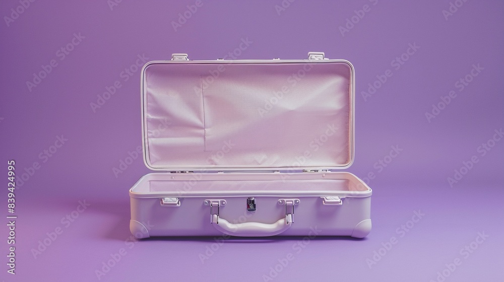 Clay style open suitcase, straight view, travel ready palette, solid lavender backdrop Clay style open suitcase, straight view, travel ready palette, solid lavender backdrop