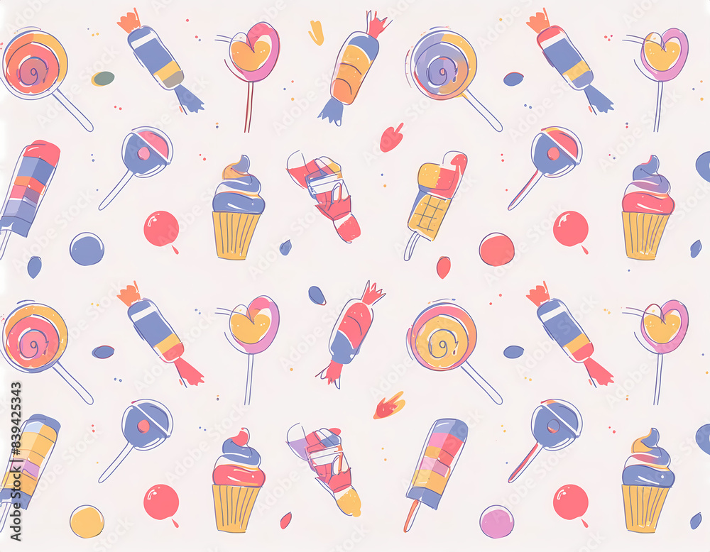 Create a playful pattern of sweets and candies, including lollipops, cupcakes, and ice cream Create a playful pattern of sweets and candies, including lollipops, cupcakes, and ice cream