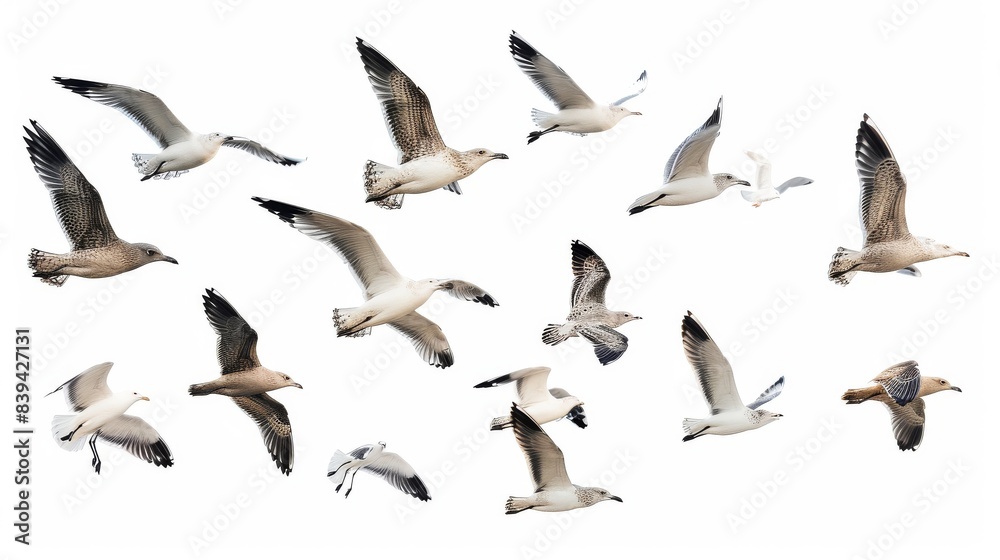 Obraz premium Large group of birds in flight, scattered across the white background