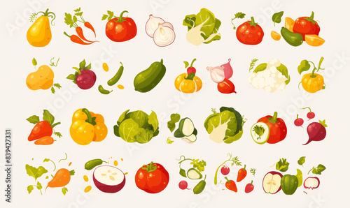 A set of simple  colorful icons isolated on a white background depicting  Tomatoes  Cucumbers  Potatoes  Cauliflower  Carrots  Lettuce  Peppers 