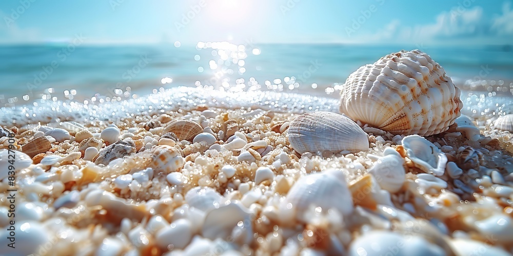 Sea water, sand and sea shells as background. Summer beach. Summer background.