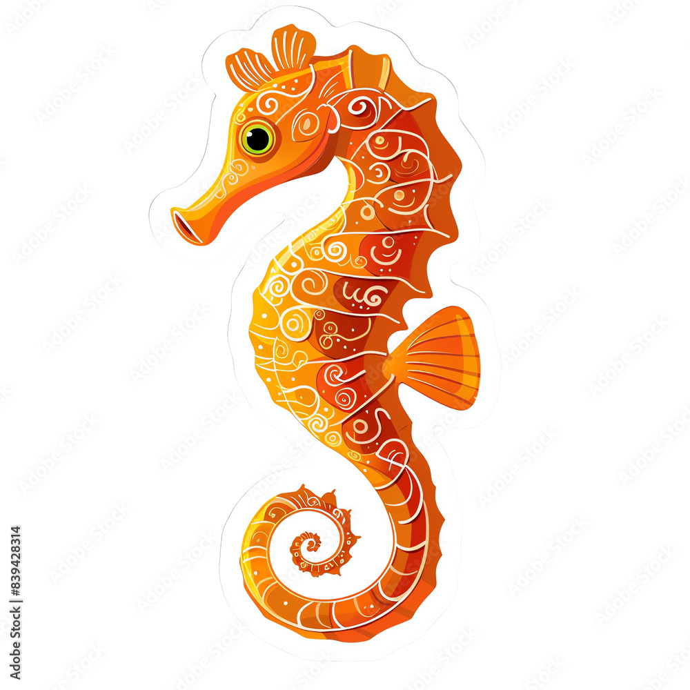 Obraz premium Brightly colored, intricately designed orange seahorse illustration with detailed patterns, against a transparent background.