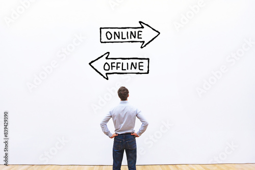online vs offline business concept on white wall