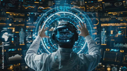 A person wearing a virtual reality headset interacts with a digital interface that appears to be a globe