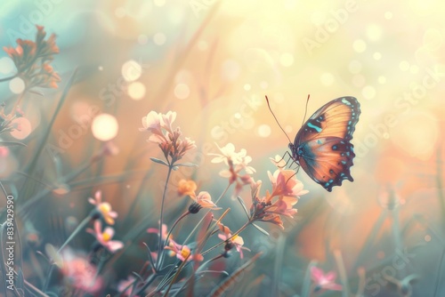 Butterfly flutters above a meadow of blooming flowers