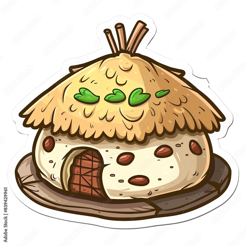 Cute cartoon illustration of a small round hut. The hut has a straw roof, leafy details, and a wooden door. Cute cartoon illustration of a small round hut. The hut has a straw roof, leafy details, and a wooden door.