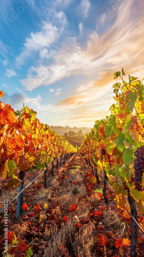 Colorful Autumn Grapevine Patterns Aerial, Harvest time, a stage in the wine-making process, les vendanges, grape harvesting, a seasonal job.