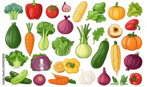 A set of simple  colorful icons isolated on a white background depicting  Tomatoes  Cucumbers  Potatoes  Cauliflower  Carrots  Lettuce  Peppers 