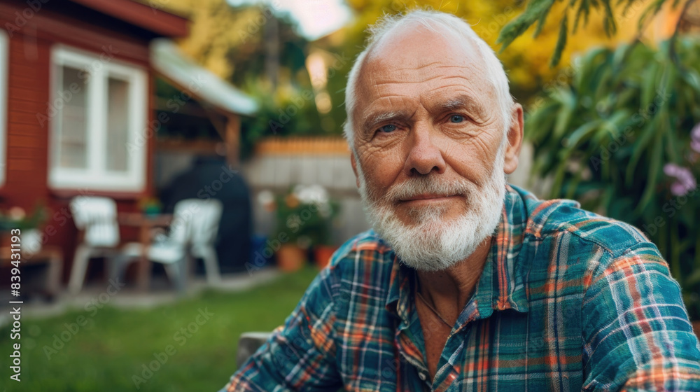 A senior man with a white beard and a plaid shirt sits outside on a patio A senior man with a white beard and a plaid shirt sits outside on a patio
