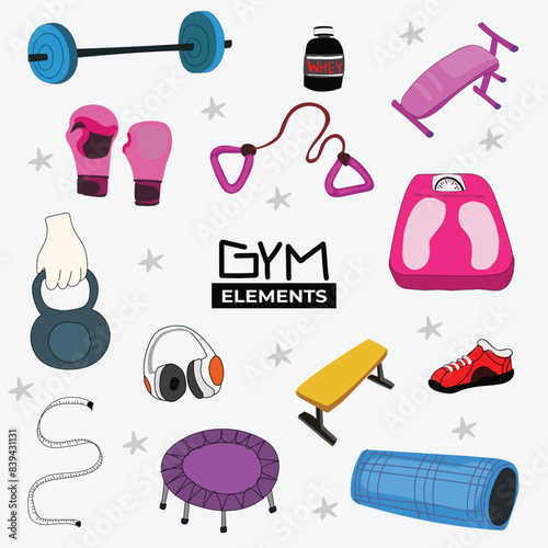 Colorful Fitness Equipment Vector Illustration Collection.