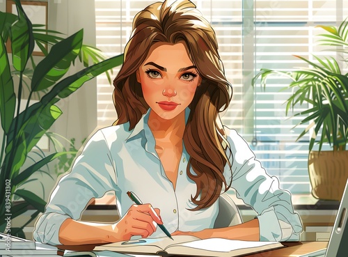 Businesswoman in home office writing in notebook photo