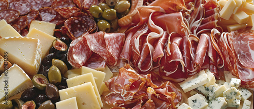 A bird's-eye view of a charcuterie board overflowing with cured meats, artisan cheeses, olives, and fig jam. Thinly sliced prosciutto drapes artfully over wedges of parmesan and brie. A crusty