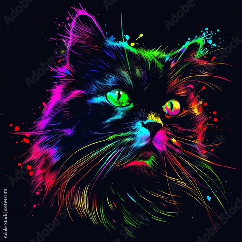 A digital modern illustration of an abstract, neon portrait of a cat looking forward on a purple background. © Avve Diana