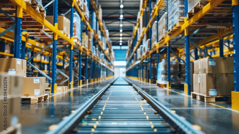 A train track is shown in a warehouse with boxes stacked on the shelves A train track is shown in a warehouse with boxes stacked on the shelves