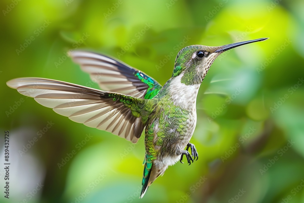 Obraz premium Hummingbird in midflight, isolated white background, blurred wings, sharp focus, studio lighting, vibrant and delicate