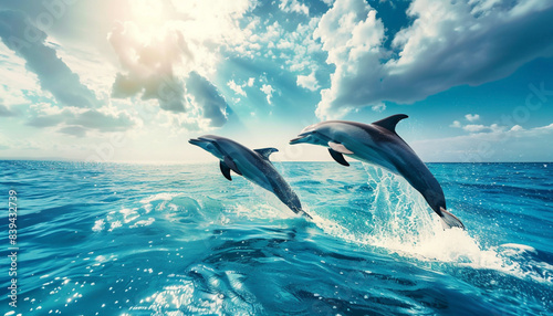 Two dolphins gracefully jumping out of the sparkling blue ocean under a sunny sky, illustrating joy and freedom.