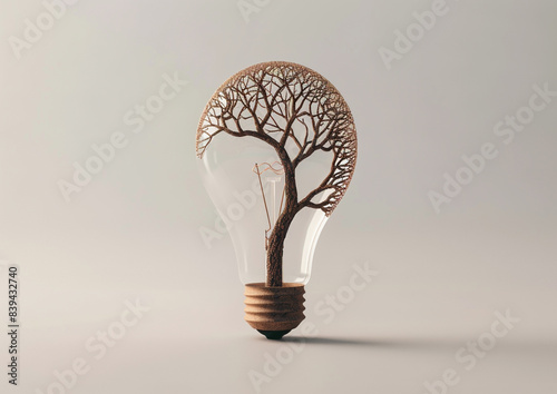 Artistic light bulb featuring a tree-like design inside, symbolizing the connection between nature and innovation.