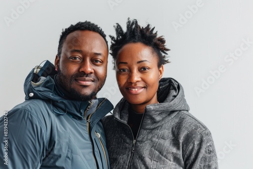 Portrait of a content afro-american couple in their 30s wearing a windproof softshell isolated on white background photo